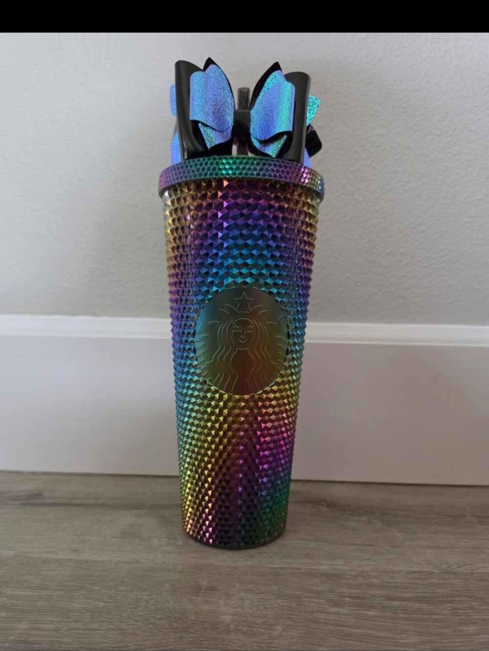 NEW Starbucks Venti Oil Slick Black Bling Studded Tumbler Cup with Bow